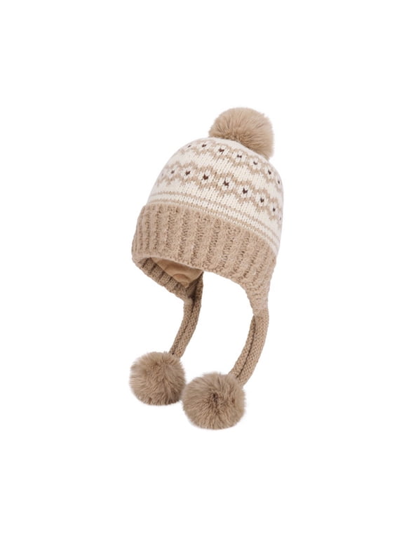 Women's Winter Beanie with Fleece Lining & Pom Pom, Cute Earflap Knit Hat for Snow Skiing & Outdoor Cold Weather