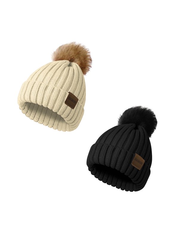Women's Winter Knit Beanie Hat with Faux Fur Pom Pom, Warm Soft Skull Cap
