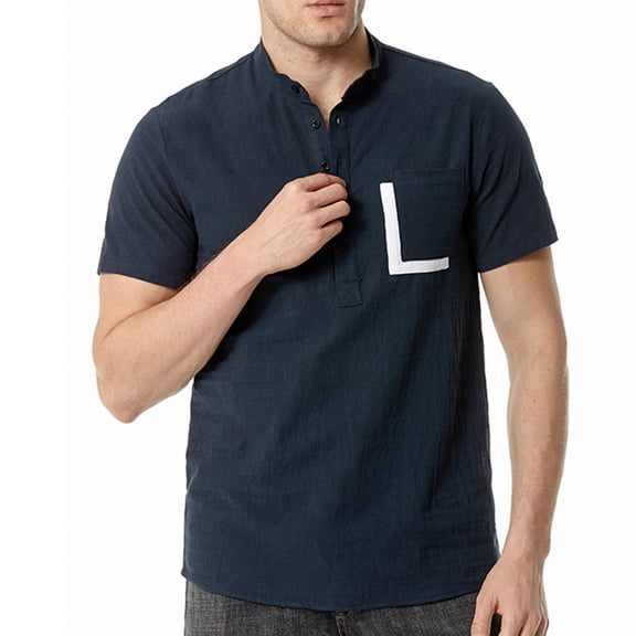 Dwaogom Men Casual Solid Patchwork Button Stand Collar Shorts Sleeves T Shirt Blouse Men's Casual Retro Striped Button Down Shirts Beige Tank Top Men Cool Tank Tops For Guys