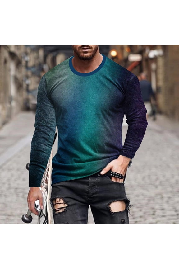 Men Gradation Casual Round Neck Long Sleeve Pullover Printed T-Shirt Blouse Tops Men's Plaid Work Shirts Short Sleeve Mens T Shirts