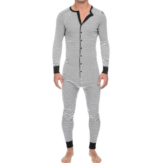 zttd men's casual stripe button rib sleeve onesie paste jumpsuit pajamas homewear