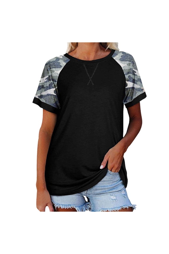 women camouflage print crew neck short sleeve colorblock t shirt top
