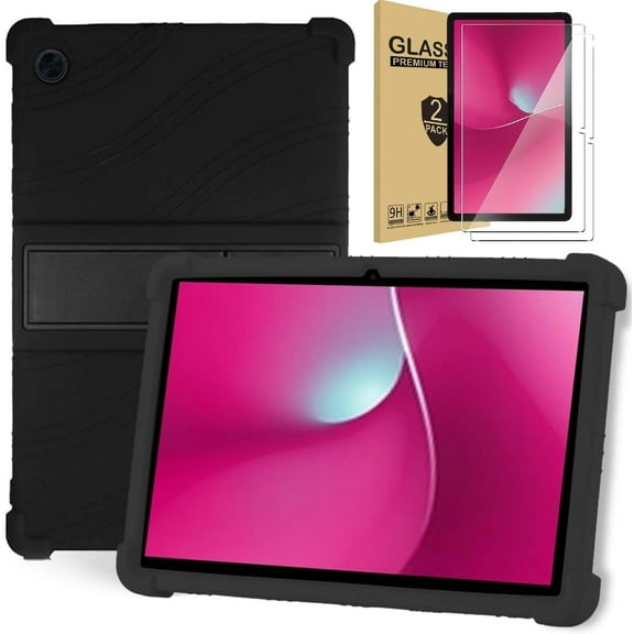 zukof Case for T-Mobile REVVL Tab 2 10.1 Inch Android Tablet with 2 Glass Screen Protectors - Lightweight Slim Flexible Soft Silicone Stand Case Friendly Cover (Black)