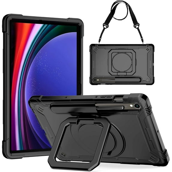 zukof Case for Samsung Galaxy Tab S10 FE/S9 FE 5G (10.9 inch), Rugged Armor Heavy Duty Hybrid Cover with Adjustable Stand and Handle (Black/Black)