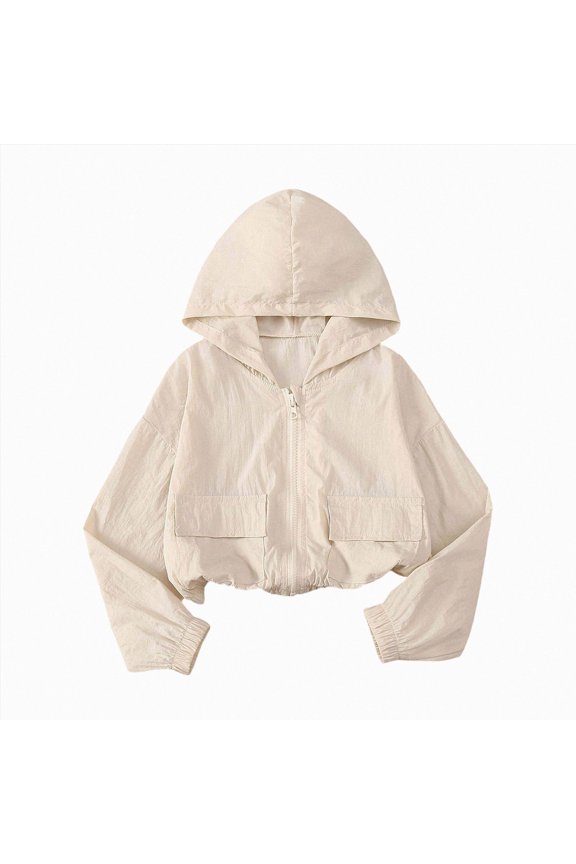 Girls Athletic Zip-Up Jacket Long Sleeve Lightweight Riding Jacket with Pockets(8-9 Years,Beige)