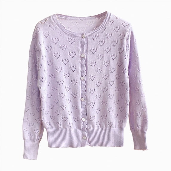 zuwimk Girls Cardigan Button Down Long Sleeve Uniform Sweater for Kids Hollow Out Ruffle Knit Sweater(13-15 Years,Light Purple)