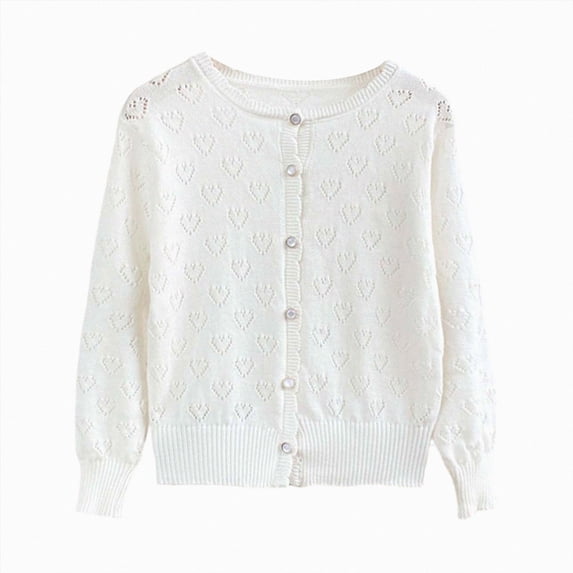 zuwimk Girls Cardigan Button Down Long Sleeve Uniform Sweater for Kids Hollow Out Ruffle Knit Sweater(2-3 Years,White)