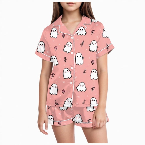zuwimk Halloween Short Sleeve Pajamas Set For Kids Girls Bat Print Collared Tops And Shorts Pjs Set Loose Fit Casual Kids Halloween 2 Pces(Light Pink,6-7 Years)