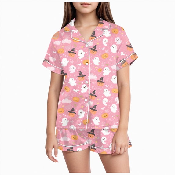 zuwimk Halloween Short Sleeve Pajamas Set For Kids Girls Bat Print Collared Tops And Shorts Pjs Set Loose Fit Casual Kids Halloween 2 Pces(Watermelon Red,10-11 Years)