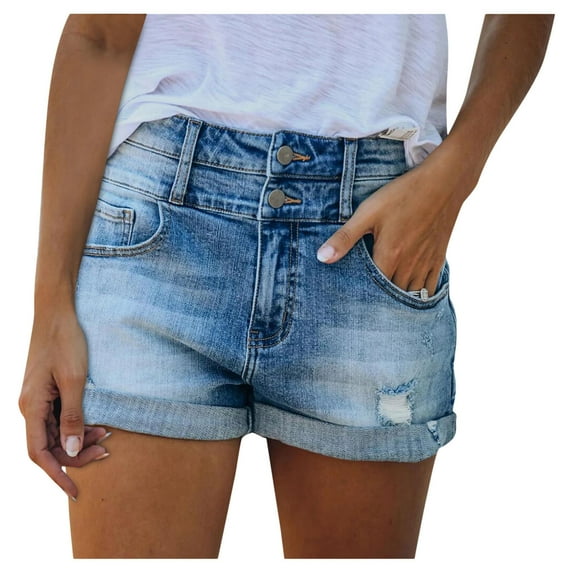 zuwimk Jean Shorts Womens,Women Mid Rise Ripped Stretchy Jeans Shorts Frayed Raw Hem Casual Denim Shorts Blue,S