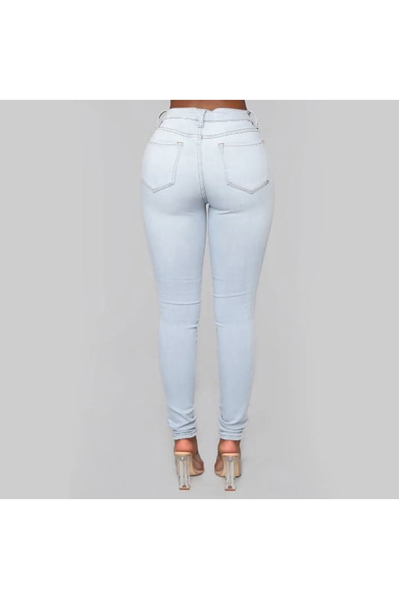 Jeans For Women,Women's Skinny Jeans with Buttons Solid Color Casual Stretchy High Waisted Jeans Light Blue,S