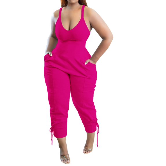 zuwimk Jumpsuits For Women Dressy,Women's Summer Casual Jumpsuits Wrap V Neck Sleeveless One Piece Pants Romper Hot Pink,L