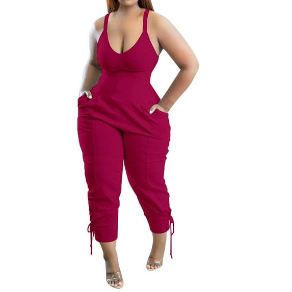 zuwimk Jumpsuits For Women Dressy,Women's Summer Casual Jumpsuits Wrap V Neck Sleeveless One Piece Pants Romper Red,M