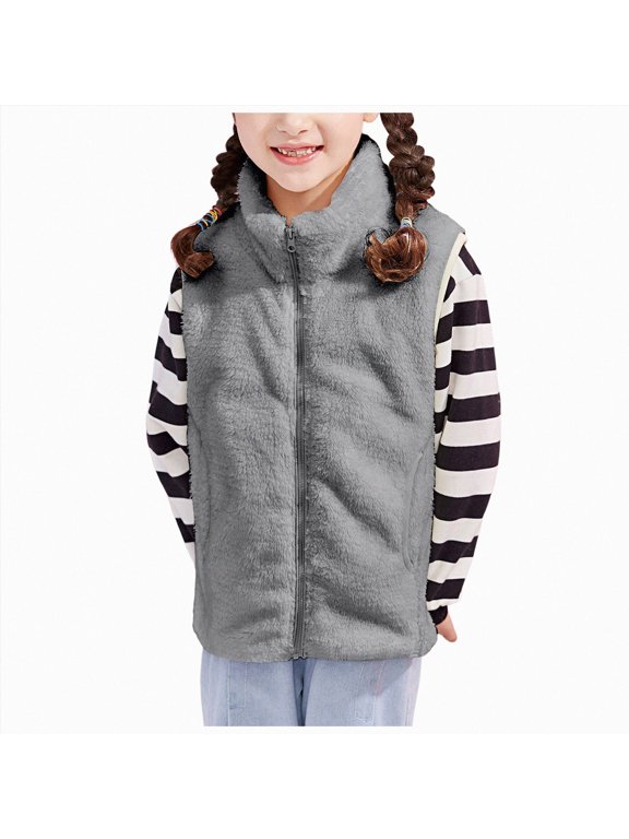 Kids Fleece Vest, Lightweight Sleeveless Jacket with Snap Buttons, Fall Winter Outerwear for Boys Girls(Light Gray,4-5 Years)