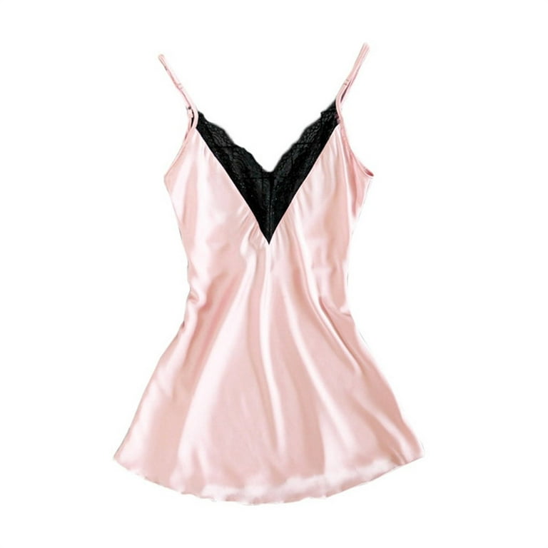 zuwimk Lingerie For Women, Nightgown for Women Lace Chemise V Neck  Sleepwear Satin Slip Silk Nightie Bridal Lingerie,Hot Pink XXL 