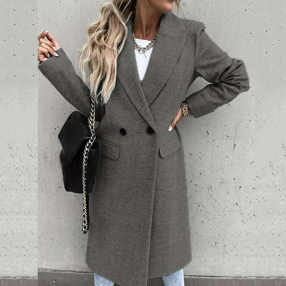 zuwimk Long Coats For Women,Women's Double Long Plaid Wool Blend Pea Coat Outerwear Women's Coat Casual Design Stand Collar Solid Color Coat Overcoat Button Pocket Winter Coat Jacket