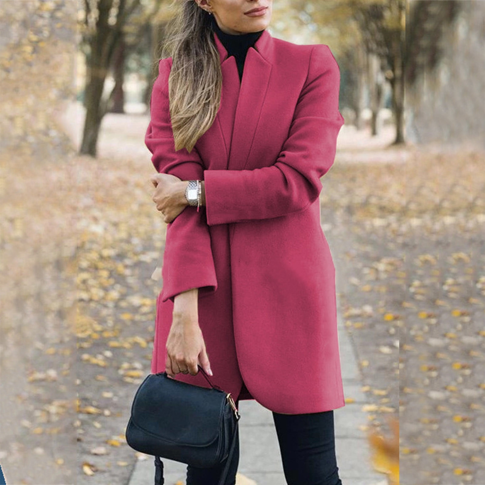 Tanming Women's Wool Blend Pea Coat - Notched Collar, Long Double-Breasted Overcoat