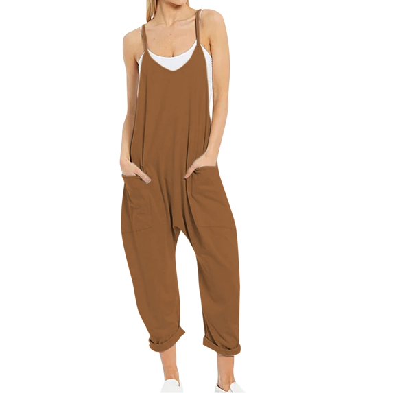 zuwimk One Piece Jumpsuits For Women,Womens Jumpsuit Spaghetti Strap Wide Leg Split Jumpsuits Long Overalls Summer Beach Loose Fit Rompers Brown,L