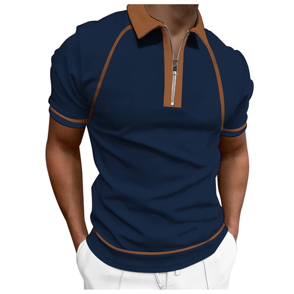 zuwimk Polo Shirts For Men,Men's Zipper Polo Shirt Casual Knit Short Sleeve Polo T Shirt Classic Fit Shirts Dark Blue,XL