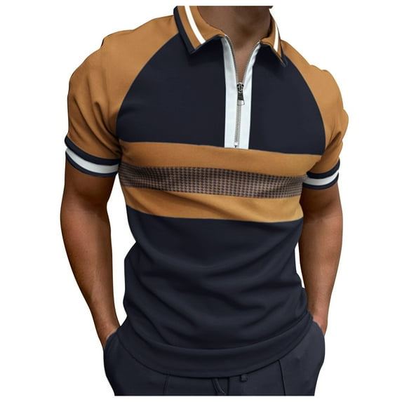 zuwimk Polo Shirts For Men,Men's Zipper Polo Shirt Casual Knit Short Sleeve Polo T Shirt Classic Fit Shirts Z-Khaki,3XL
