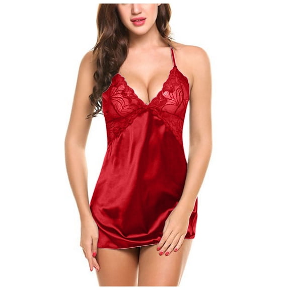 zuwimk Women's Lingerie,Women's Satin Lace Lingerie V Neck Sleeveless Nightgown Sleepwear Cami Dress Z02-Red,XL