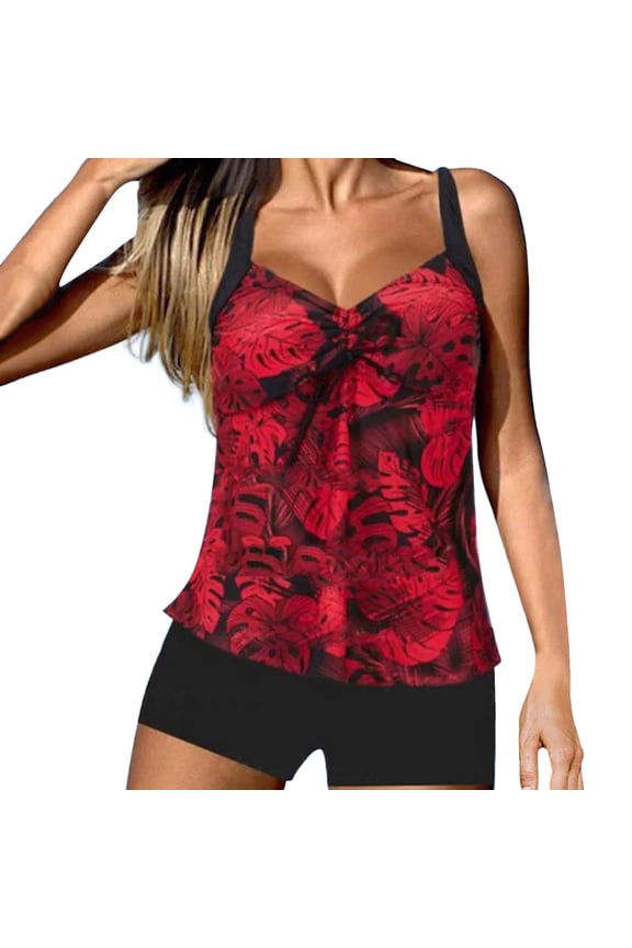 Women's Tankini Swimsuits,Tankini Swimsuit for Women Two Piece Tummy Control Bathing Suits Blouson Tankini Top with Sporty Boy Shorts Red,M