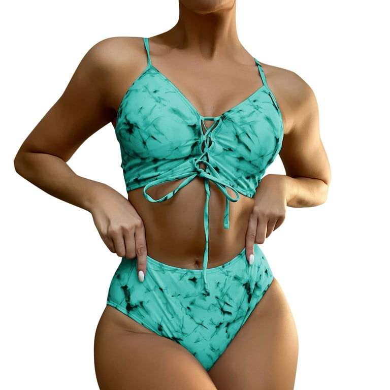 zuwimk Womens Bikini,Women's Bathing Suit Solid Color Drawstring Side  Halter Neck Tankini Set Mint Green,S