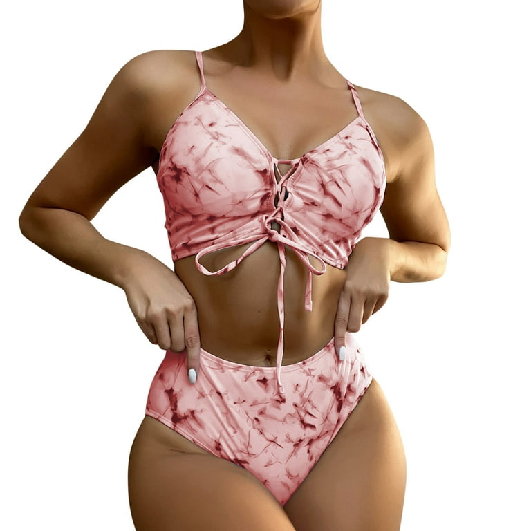 zuwimk Womens Bikini,Women's Bathing Suit Solid Color Drawstring Side  Halter Neck Tankini Set Pink,XL