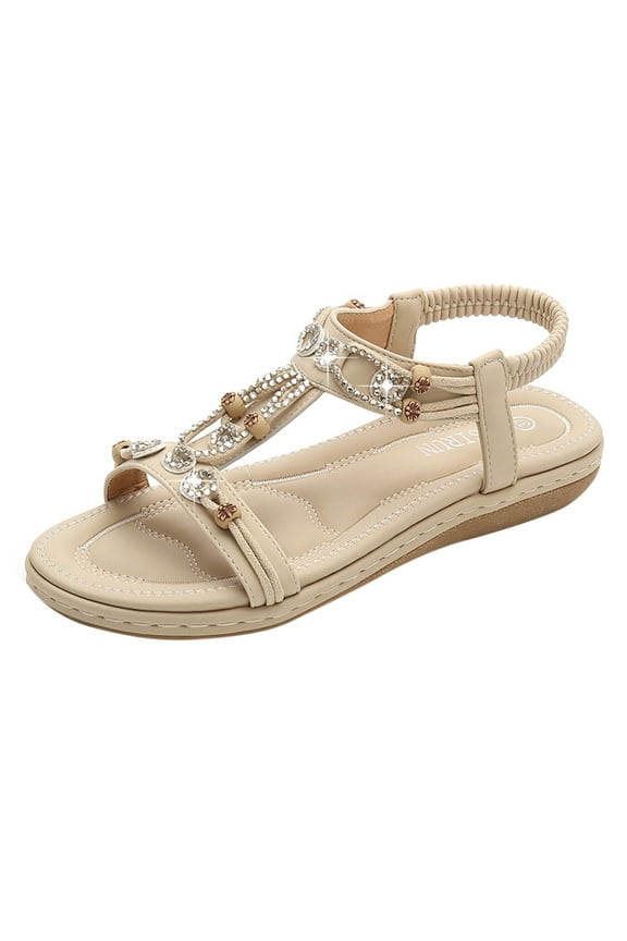 Womens Sandals,Women's Sandals Bohemia Summer Beach Flats Beaded Ankle Strappy Sandal Dressy Shoes Beige