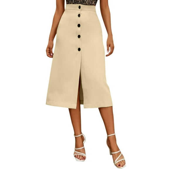 zuwimk Womens Skirts,Women's Striped Button Front Elastic Back Waist A-Line Midi Skirt Khaki,S