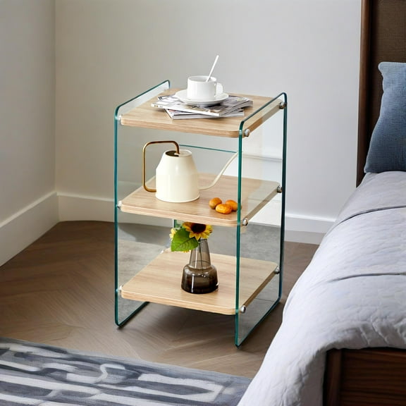 zyoiszvq 3-Layer Bedside Cabinet with MDF Board & Wooden Veneer, Transparent Tempered Glass Sides, Simple & Elegant Design