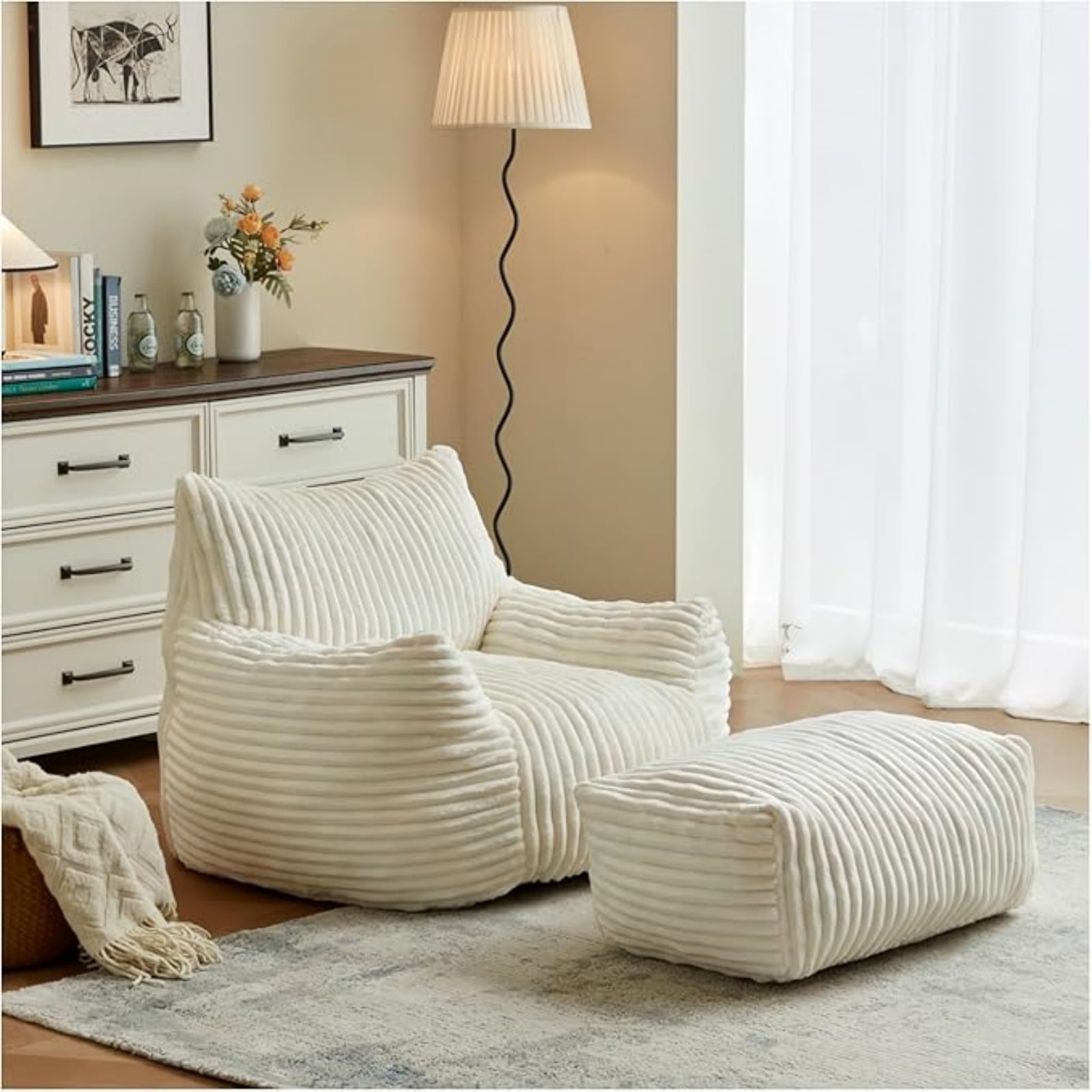 zyoiszvq Corduroy Adult Bean Bag Chairs with Ottoman,Memory Foam Floor Bean Bag,Comfy Reading Chair with Armrests
