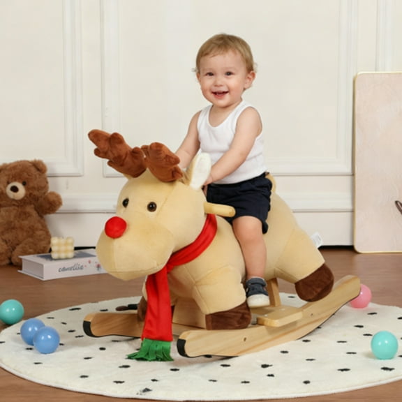 Zyoiszvq Rocking Horse Plush Ride-On Animal Moose Ages 1-3 Years, Plays Lullaby Music, 1-Count