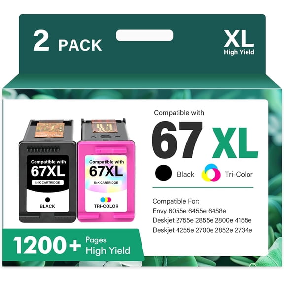 zz 67XL 6055e 2755e 2800e 2855e 6000 Ink Cartridges Black/Color Combo Pack Compatible for HP Printer DeskJet 6055e 2700 4155e 4255e 4100 2700e 2734e 2800 2852e Envy 6055e 6455e 6400 Series (2-Pack)
