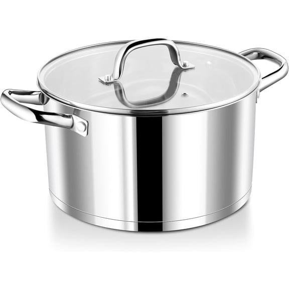 zz 8 Quarts Cooking Stock Pot with Lid, Stainless Steel Stockpot Induction Pot for Soup, Tri-Ply Bottom & Clear Glass Lid & Double Handle, Dishwasher Safe