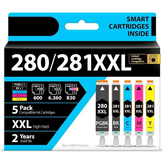 zz Compatible Ink Cartridges Replacement for Canon 281 280 PGI-280XXL CLI-281XXL (5 Combo Pack) to use with Canon Printers Pixma TR8520 TS9120 TS6120 TR8620 TR8620a TS6320 TR7520 PGBK/BK/C/M/Y
