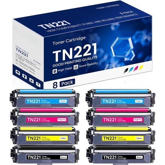 zz TN221 TN-221 Toner Cartridges Set Compatible TN 221 TN221BK TN221C TN221M TN221Y Toner Cartridge Replacement for Brother TN221 HL-3170CDW HL-3180CDW MFC-9340CDW Printer (8 Pack)