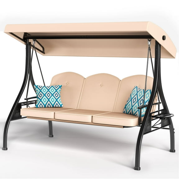 ZZW 3-Seat Porch Swing with Stand and Adjustable Canopy, 800lb Capacity, Removable Cushion