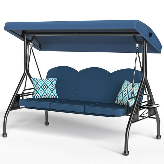 zzw 3-Person Porch Swing with Stand, 800lb Capacity & Adjustable Canopy | 2-in-1 Convertible Outdoor Swing Bed with Removable Cushion for Patio, Garden, Deck, Blue