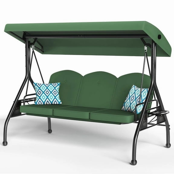 zzw 3-Person Porch Swing with Stand, 800lb Capacity & Adjustable Canopy | 2-in-1 Convertible Outdoor Swing Bed with Removable Cushion for Patio, Garden, Deck, Green