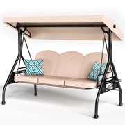 zzw 3-Person Porch Swing with Stand, 800lb Capacity & Adjustable Canopy | 2-in-1 Convertible Outdoor Swing Bed with Removable Cushion for Patio, Garden, Deck, Khaki