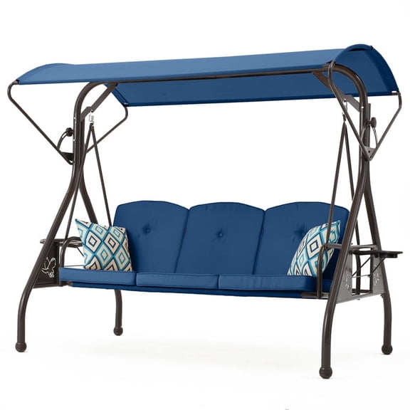 zzw 3-Seat Steel Canopy Porch Swing with Stand, Cup Holders and Pillows, Blue