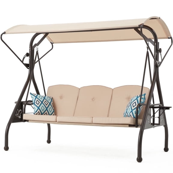 800LBS Patio Swing with Canopy 3 Seat Outdoor Porch Swing with Stand w/Cup Holder & Pillow Glider Chair Swing Bed for Patio Backyard Poolside (Khaki)