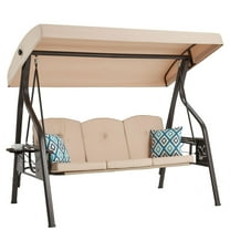 zzw 3-Seat Steel Canopy Porch Swing with Stand, Pillows and Cup Holders, Khaki