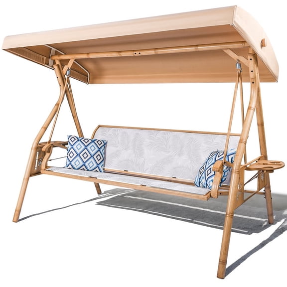 zzw 3-Seat Steel Porch Swing with Adjustable Canopy and Cup Holders, White