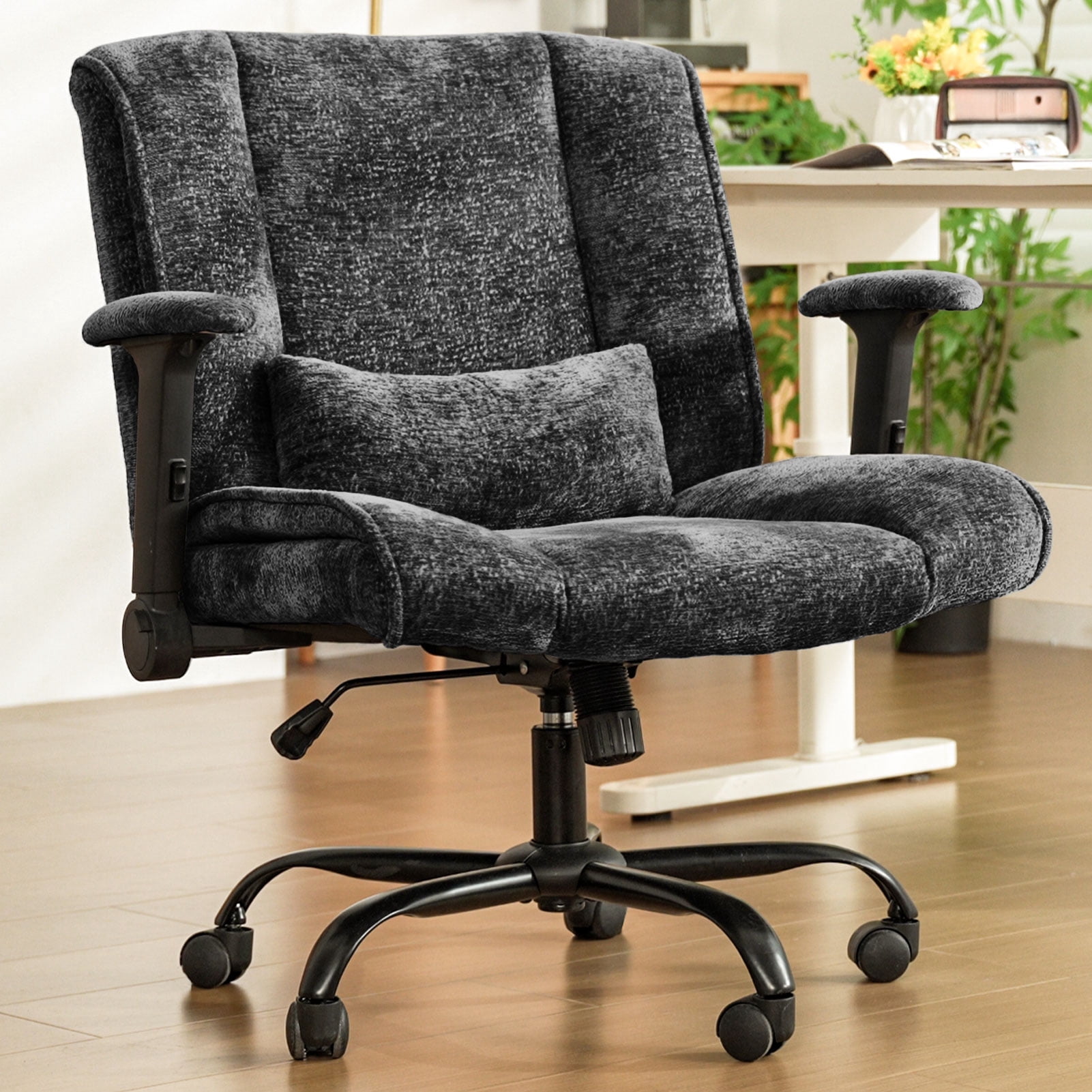zzw Chenille Home Office Criss Cross Chair with Flip Arms, Lumbar Support and Wheels, Black