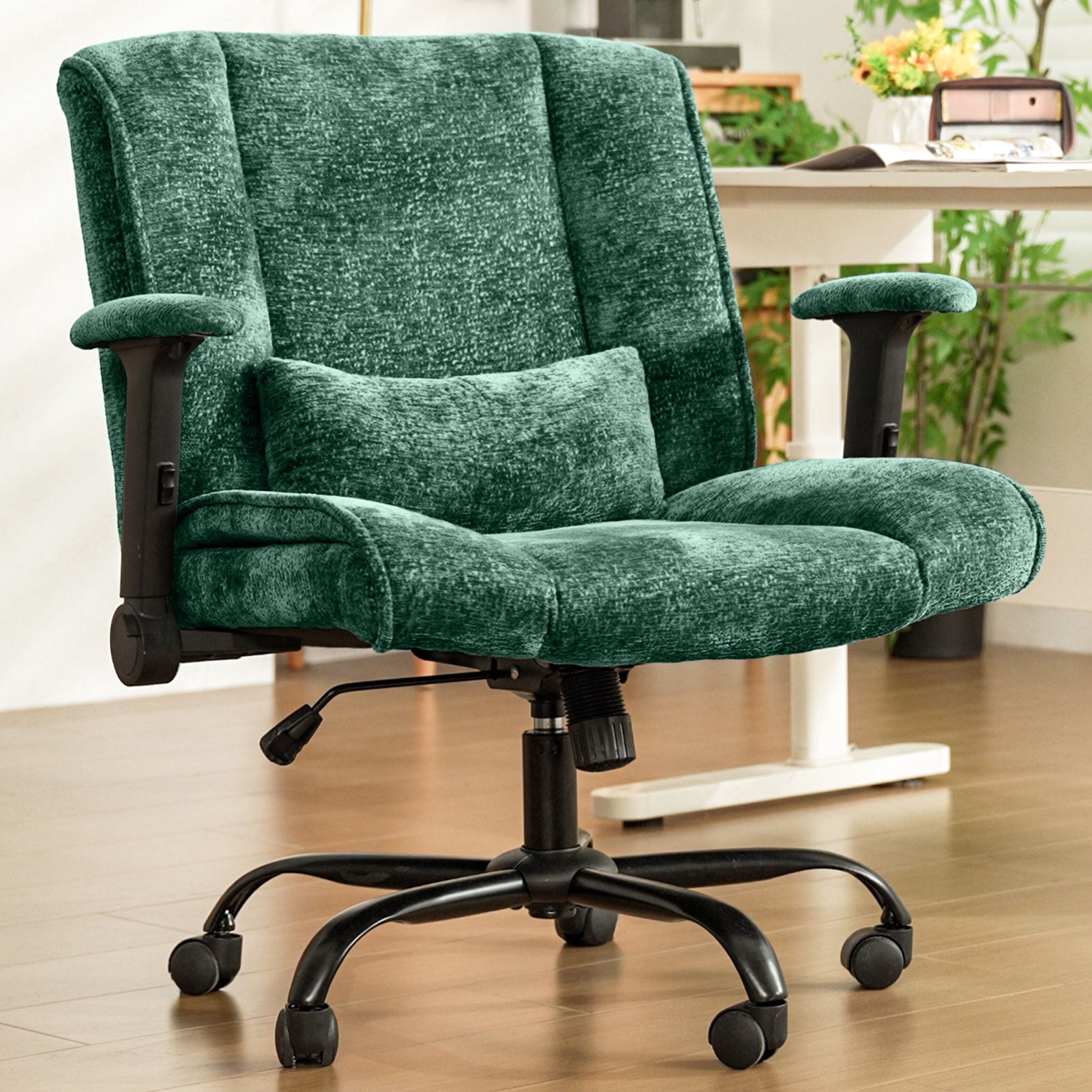 zzw Chenille Home Office Criss Cross Chair with Flip Arms, Lumbar Support and Wheels, Green