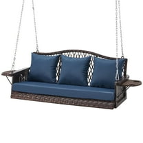 zzw 3-Seat Steel Porch Swing with Cushions, Cup Holder and Chains, Brown, Blue