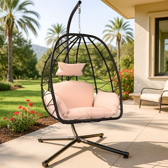 zzw Outdoor Hanging Egg Chair with Stand and Thickened Cushion, Rattan Swing Chair for Patio