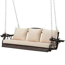 zzw Outdoor Porch Swing for 3 Person, 900LB Capacity, All-Weather Rattan Wicker with Steel Chains & Included Cushions, Cup Holder
